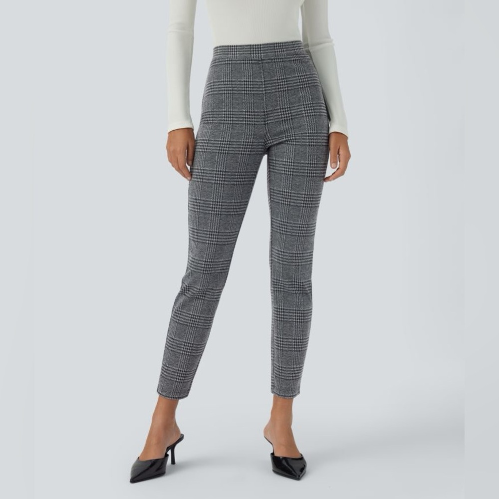 Plaid Pull On High Waist Slacks Trousers Office Wear Business Casual Comfy